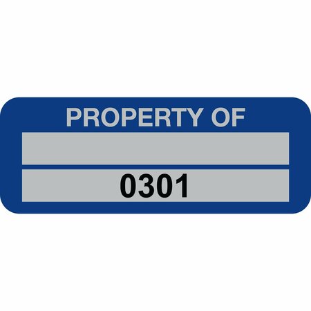 LUSTRE-CAL Property ID Label PROPERTY OF 5 Alum Blue 2in x 0.75in 1 Blank Pad&Serialized 0301-0400, 100PK 253740Ma2Bd0301